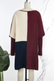 Burgundy Casual Elegant Color Block Patchwork O Neck Long Sleeve Dresses