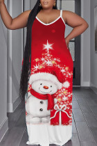 Rode sexy casual print backless spaghettiband lange jurk plus size jurken