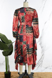 Rood Casual dagelijkse elegante gemengde print patchwork volant print contrasterende V-hals jurken