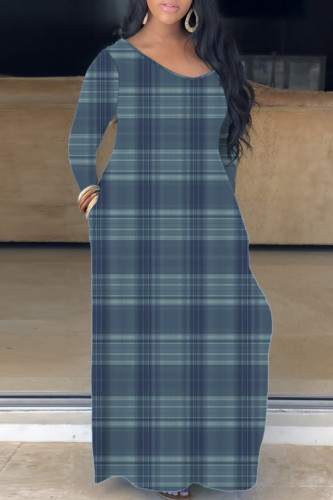 Navy Blue Casual Print Basic V Neck Long Sleeve Dresses