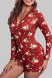 Pale Red Sexy Print Patchwork Buckle V Neck Skinny Rompers