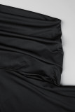 ブラック カジュアル デイリー シンプル ソリッド カラー フード付き 襟 長袖 XNUMX ピース