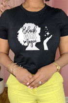 Zwarte casual T-shirts met dagelijkse print en patchwork O-hals
