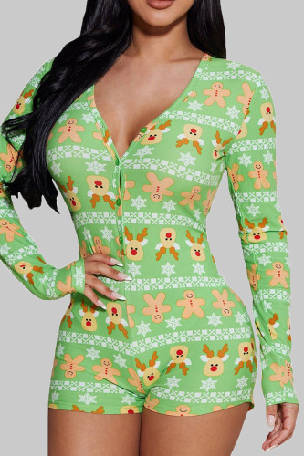 Green Sexy Print Patchwork Buckle V Neck Skinny Rompers