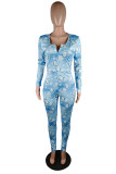 Dark Blue Casual Living Print Buttons V Neck Skinny Jumpsuits