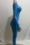 Blauwe sexy effen uitgeholde patchwork skinny jumpsuits met o-hals