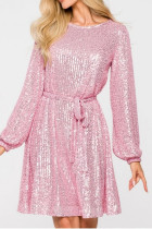 Розовые повседневные лоскутные платья с круглым вырезом и длинными рукавами с блестками