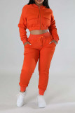 Tangerine Red Casual Solid Patchwork Draw String Pocket Zipper O Neck Long Sleeve Two Pieces