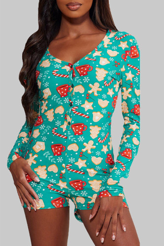Turquoise Sexy Print Patchwork Buckle V Neck Skinny Rompers
