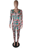 Colour Casual Living Print Buttons V Neck Skinny Jumpsuits