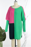 Grüne, lässige, elegante Farbblock-Patchwork-Kleider mit O-Ausschnitt und langen Ärmeln