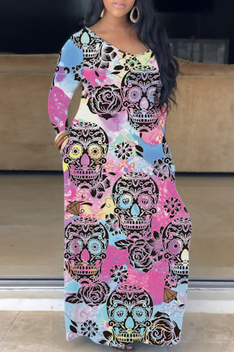 Light Purple Casual Print Basic V Neck Long Sleeve Dresses