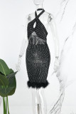 Schwarzes reizvolles Patchwork-heißes Bohren ausgehöhltes rückenfreies Halter-ärmelloses Kleid-Kleider
