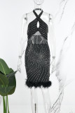 Schwarzes reizvolles Patchwork-heißes Bohren ausgehöhltes rückenfreies Halter-ärmelloses Kleid-Kleider