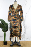 Yellow Casual Daily Elegant Mixed Printing Patchwork Flounce Printing Contrast V Neck Dresses