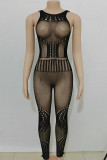 Black Sexy Solid Ripped Patchwork See-through O Neck Skinny Jumpsuits