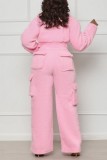 ピンク カジュアル ソリッド パッチワーク ジッパー カラー 長袖 XNUMX ピース