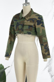 Exército Verde Casual Camuflagem Estampa Patchwork Turndown Collar Outerwear