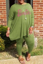 Green Casual Street Letter Hot Drill O Neck Plus Size Two Pieces