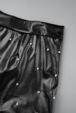 Falda asimétrica de talla grande con perlas y patchwork informal negra