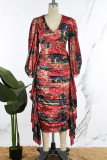 Orange Casual Daily Elegant Mixed Printing Patchwork Flounce Printing Contrast V Neck Dresses