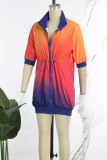 Orange Casual Print Patchwork Draw String Zipper Collar Printed Dress Dresses