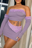 Purple Sexy Solid Patchwork Zipper Strapless Long Sleeve Three Pieces