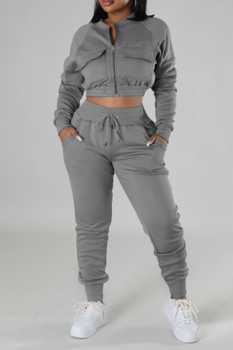 Grey Casual Solid Patchwork Draw String Pocket Zipper O Neck Long Sleeve Two Pieces