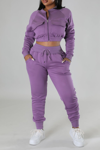 Purple Casual Solid Patchwork Draw String Pocket Zipper O Neck Long Sleeve Two Pieces