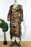 Gul Casual Daily Elegant blandad utskrift lapptäcke volangtryck Kontrast V-hals klänningar
