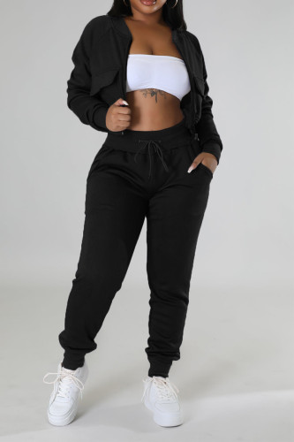 Black Casual Solid Patchwork Draw String Pocket Zipper O Neck Long Sleeve Two Pieces