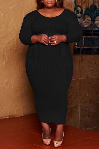 Black Casual Solid Basic O Neck Long Sleeve Plus Size Dresses