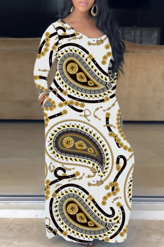 White Casual Print Basic V Neck Long Sleeve Dresses