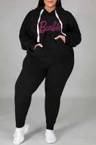 Gola com capuz preta casual Street Letter Hot Broca Plus Size duas peças