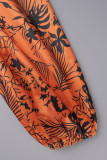 Оранжевый Повседневный Повседневный Элегантный Смешанный принт Пэчворк Волан с принтом Контрастные платья с V-образным вырезом