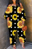 Black Yellow Casual Print Basic Off the Shoulder Regular Jumpsuits