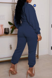 Navy Blue Casual Solid Basic O Neck Plus Size Two Pieces
