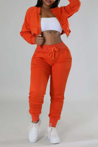 Tangerine Red Casual Solid Patchwork Draw String Pocket Zipper O Neck Long Sleeve Two Pieces
