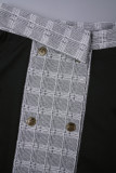 Preto casual diário elegante xadrez retalhos bolso botões gola alta manga longa duas peças