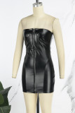 Schwarz Sexy Street Solid Patchwork Reißverschluss Trägerloses Trägerloses Kleid Kleider