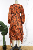 Orange Casual Daily Elegant blandad utskrift lapptäcke volangtryck Kontrast V-hals klänningar