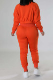 Tangerine Red Casual Solid Patchwork Draw String Pocket Zipper O Neck Long Sleeve Two Pieces