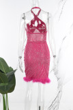 Rose Red Sexy Patchwork Hot Drilling ausgehöhlt rückenfreie Neckholder ärmellose Kleid Kleider