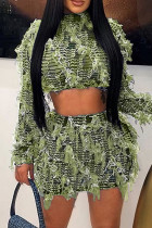 Green Street Patchwork Weave O Neck Long Sleeve Two Pieces Tassel Crop Tops And Skirts Sets