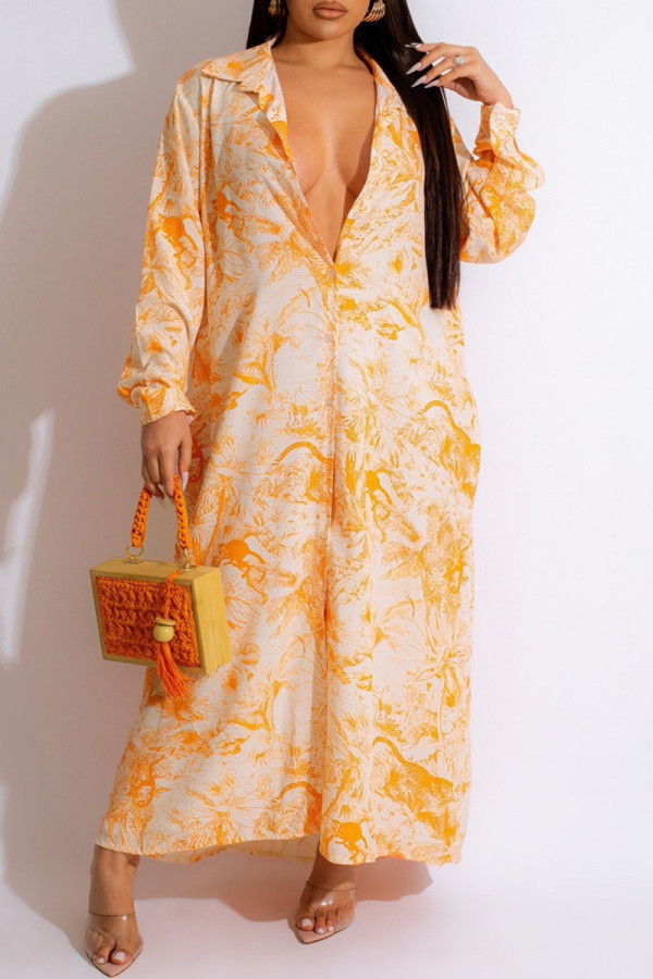 Orange Casual Print Patchwork Shirt Collar Long Dress Plus Size Dresses (Subject To The Actual Object)
