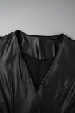 Black Casual Solid With Belt V Neck Long Sleeve Dresses
