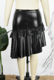 Falda asimétrica de talla grande con perlas y patchwork informal negra