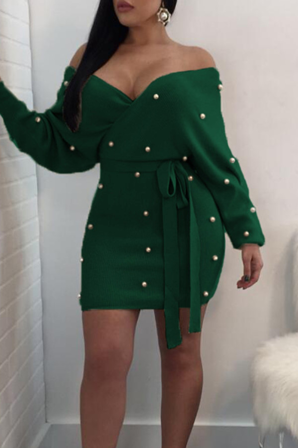 Verde Elegante Sólido Vendaje Patchwork Sin Espalda Abalorios Fuera del Hombro Envuelto Falda Vestidos
