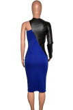 ブルーのエレガントなカラーブロックパッチワークOネックシースドレス