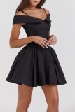 Black Sexy Casual Solid Backless Spaghetti Strap Short Sleeve Dress